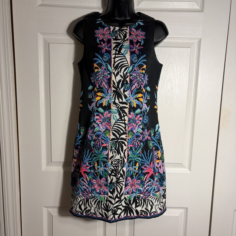 Lilly Pulitzer Mila Stretch Shift Dress Women 4 Onyx Paradise Glow Tropical Zip
